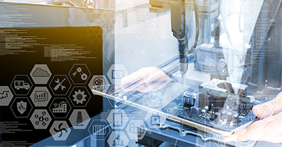 Robot arm with different double exposed hexagon graphic sign images